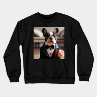 French bulldog wearing tuxedo and bow tie with pink rose Crewneck Sweatshirt